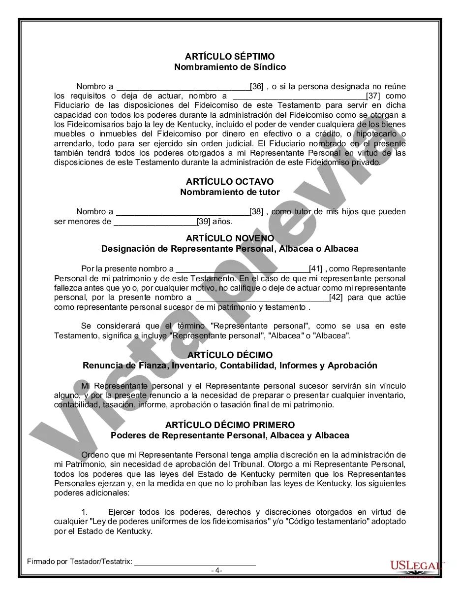 Preview Formulario Legal de Última Voluntad y Testamento para Persona Soltera con Hijos Adultos y Menores