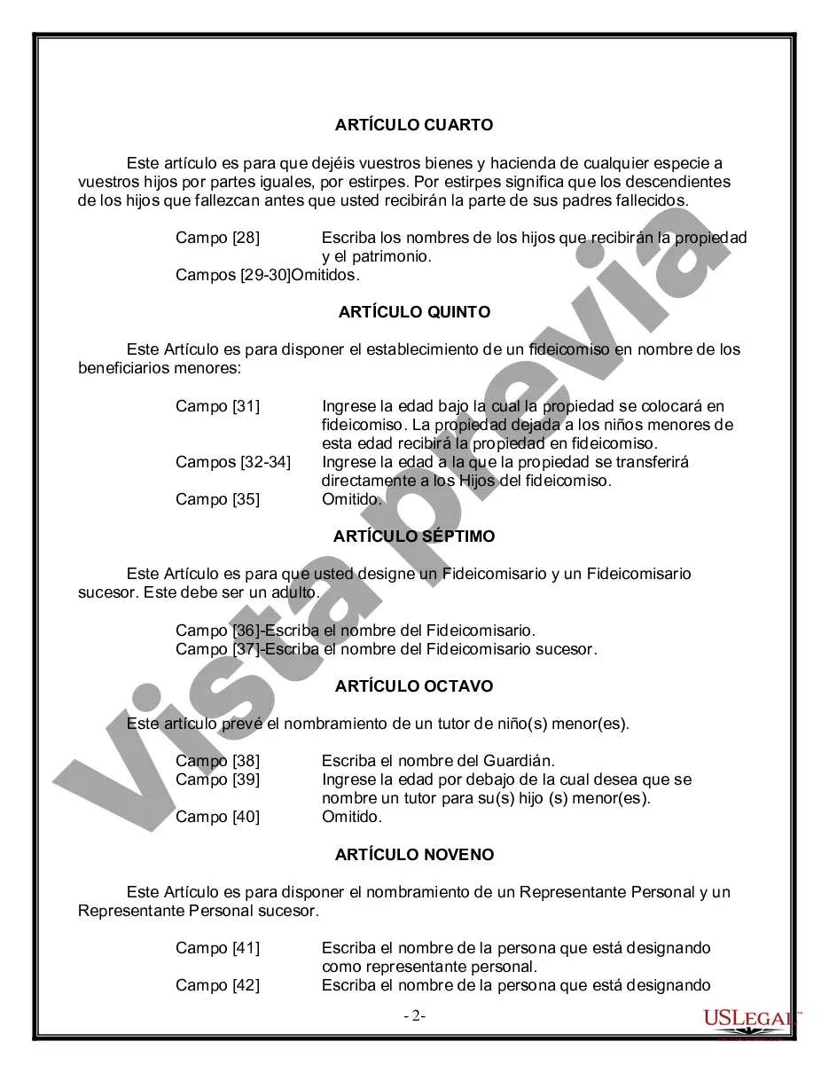 Preview Formulario Legal de Última Voluntad y Testamento para Persona Soltera con Hijos Adultos y Menores