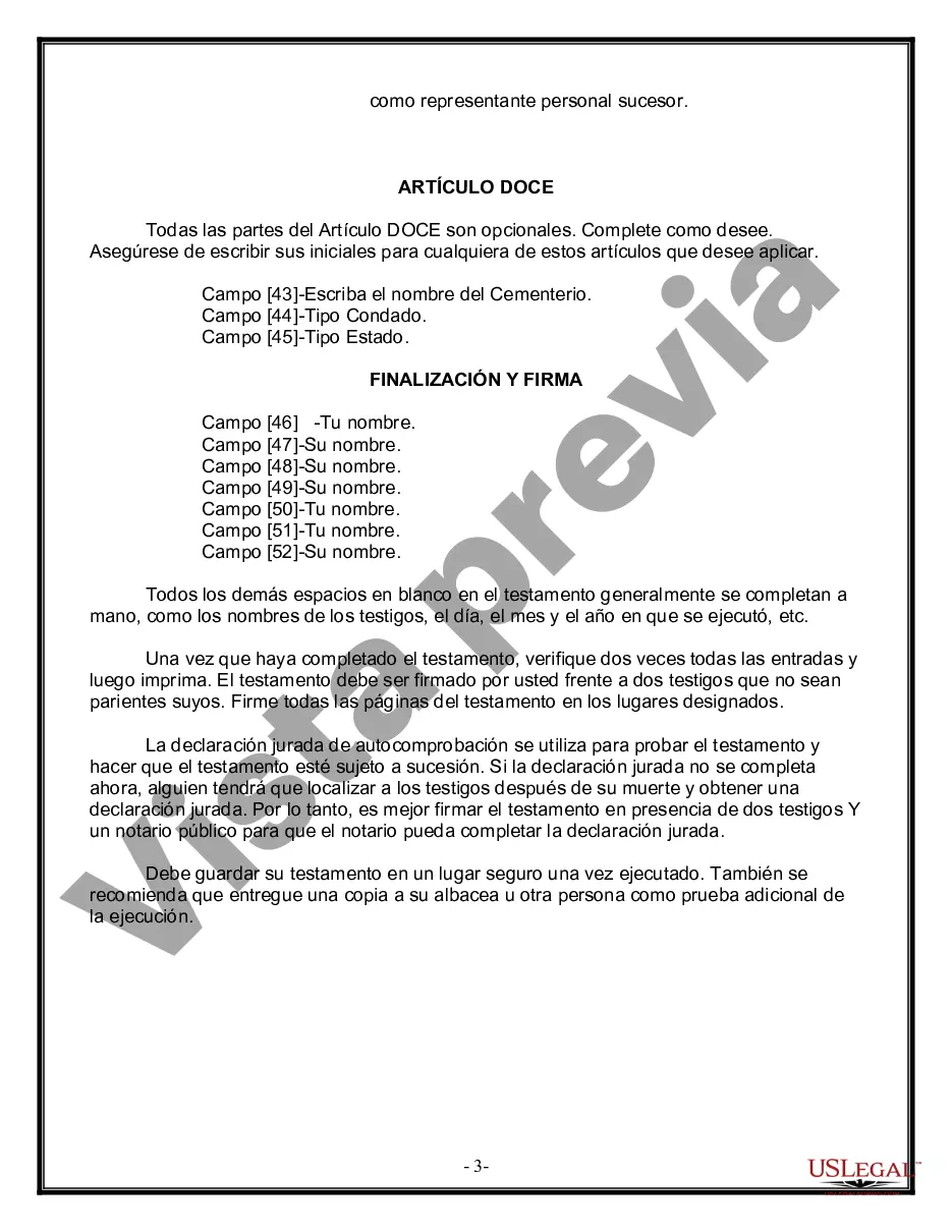 Preview Formulario Legal de Última Voluntad y Testamento para Persona Soltera con Hijos Adultos y Menores