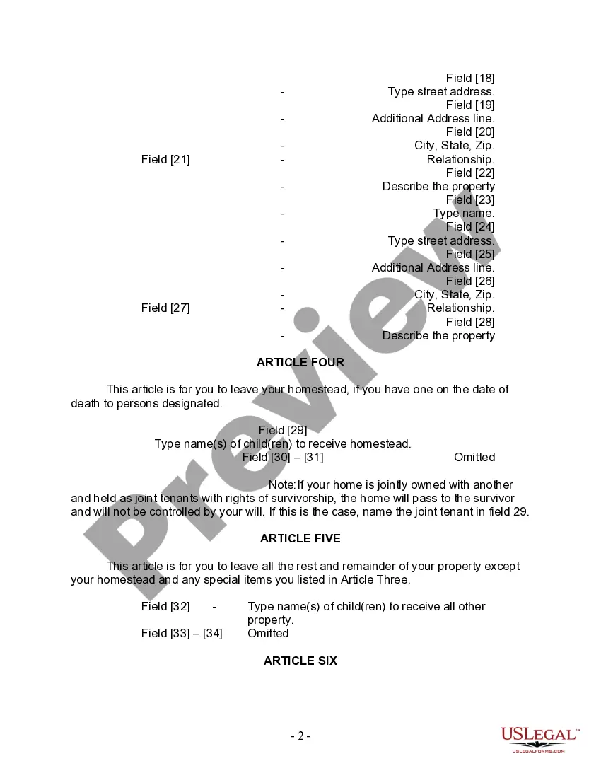 Preview Last Will and Testament for Single Person with Adult Children