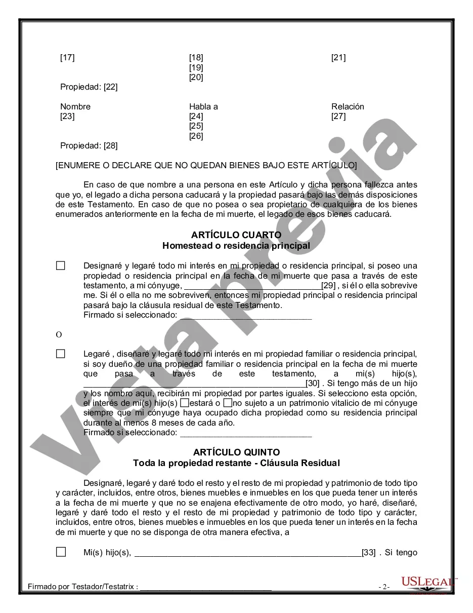 Preview Última voluntad y testamento legal para persona casada con hijos menores de edad de un matrimonio anterior