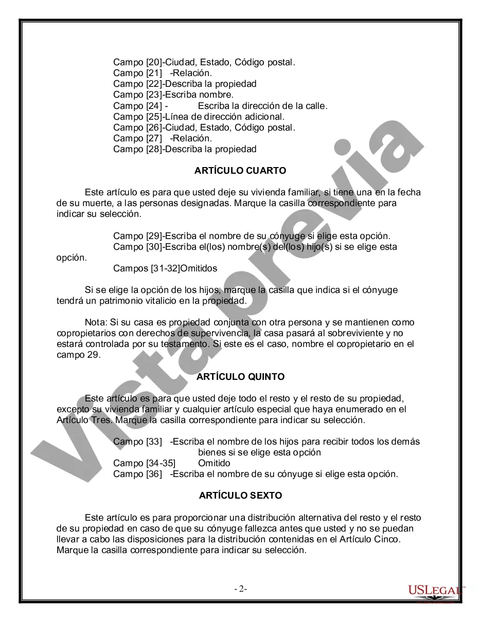 Preview Última voluntad y testamento legal para persona casada con hijos menores de edad de un matrimonio anterior