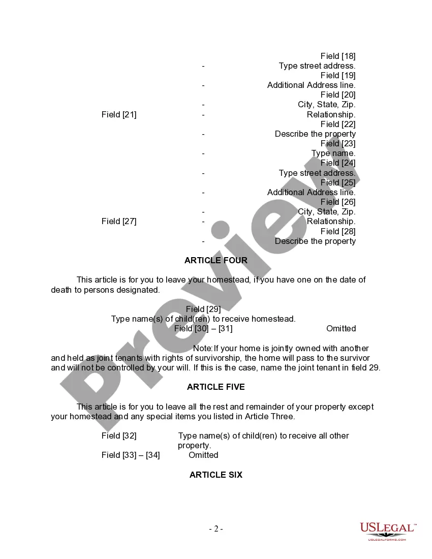 Preview Last Will and Testament for Divorced person not Remarried with Adult Children