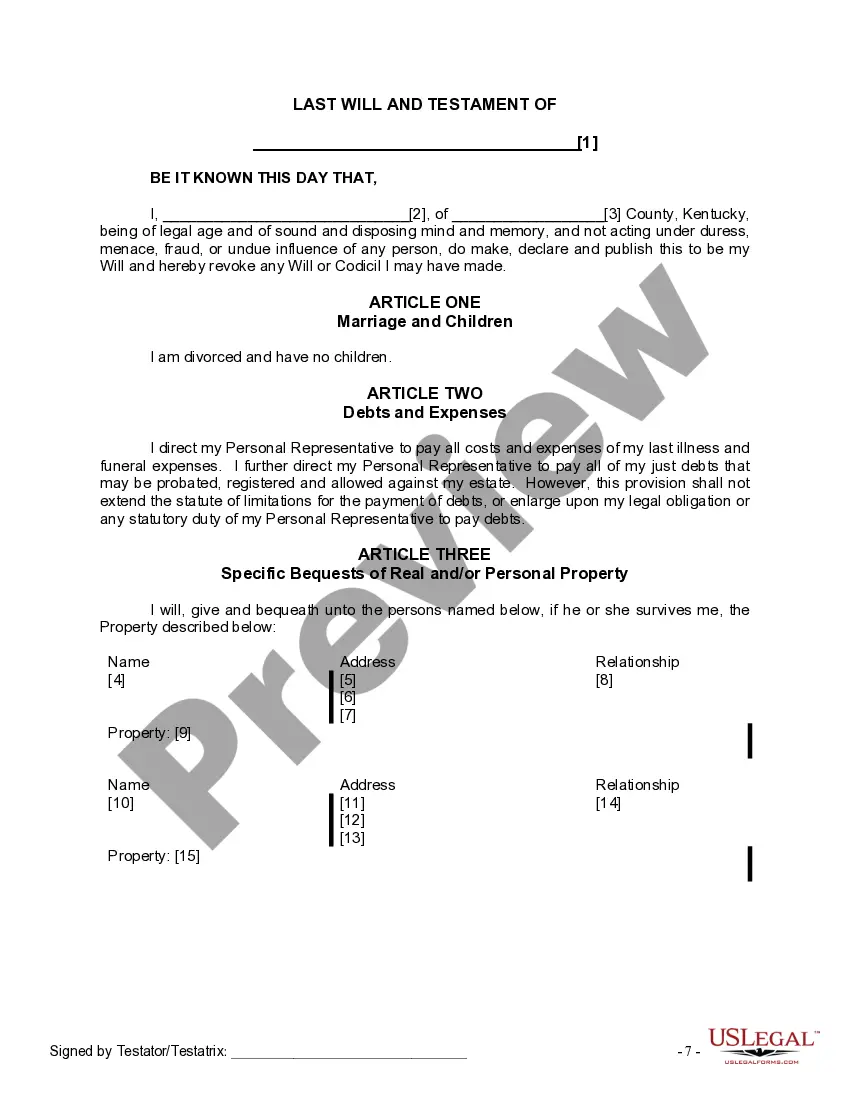 Preview Last Will and Testament for Divorced Person Not Remarried with No Children