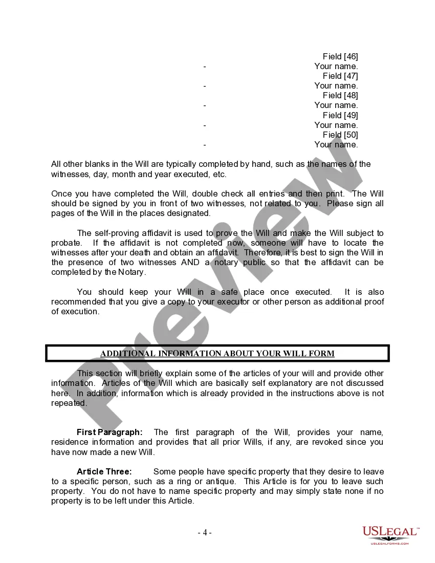 Preview Last Will and Testament for Divorced person not Remarried with Minor Children