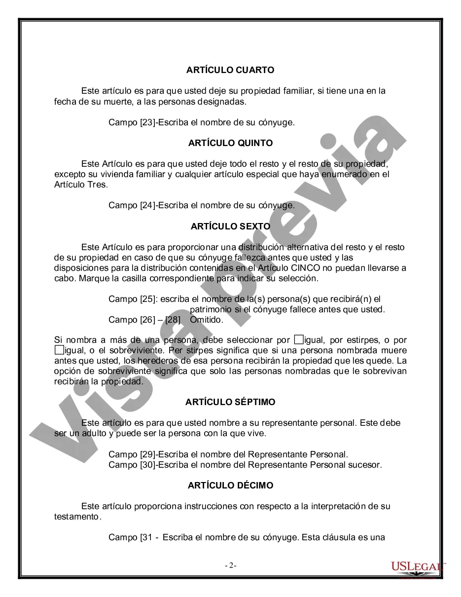 Preview Formulario de última voluntad y testamento legal para una persona casada sin hijos