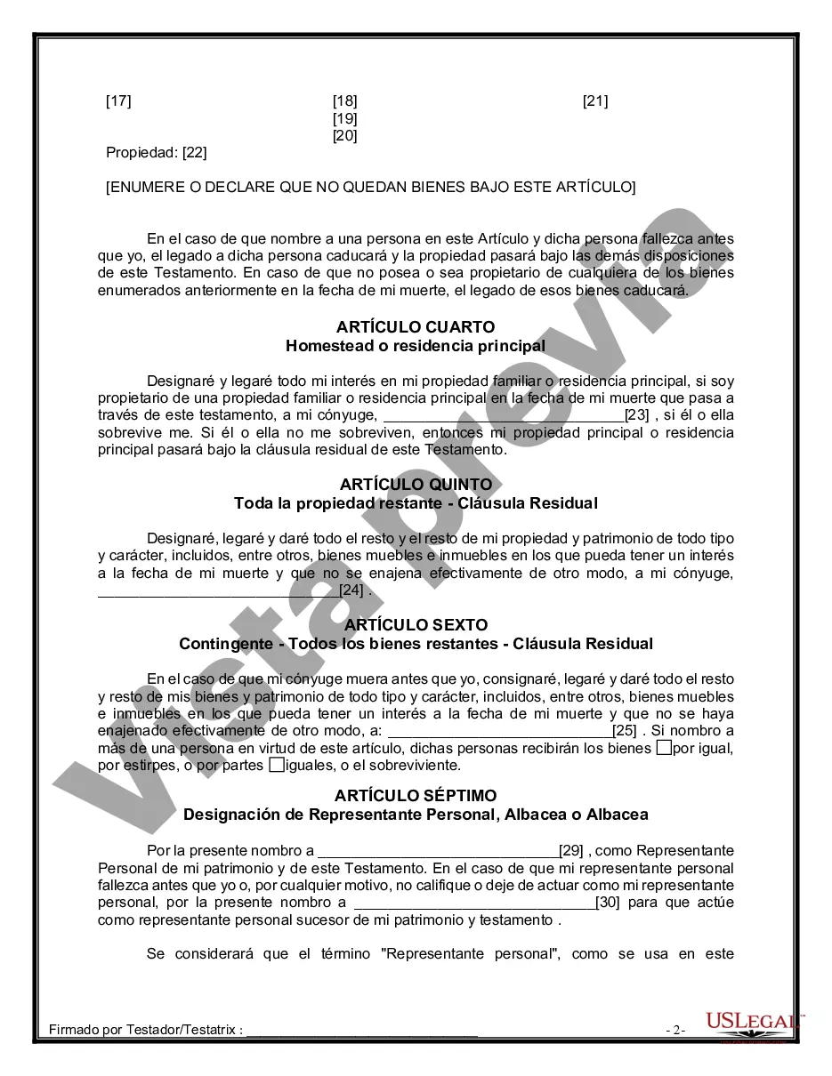 Preview Formulario de última voluntad y testamento legal para una persona casada sin hijos