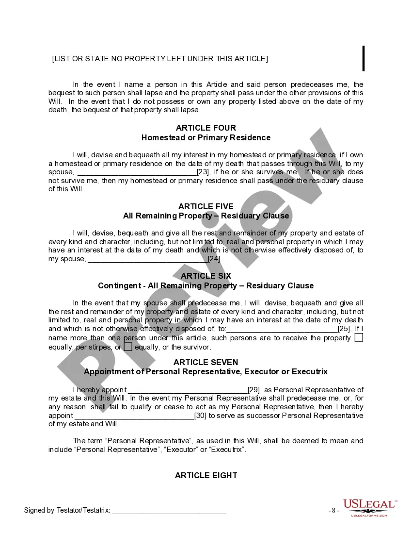 Preview Last Will and Testament for a Married Person with No Children