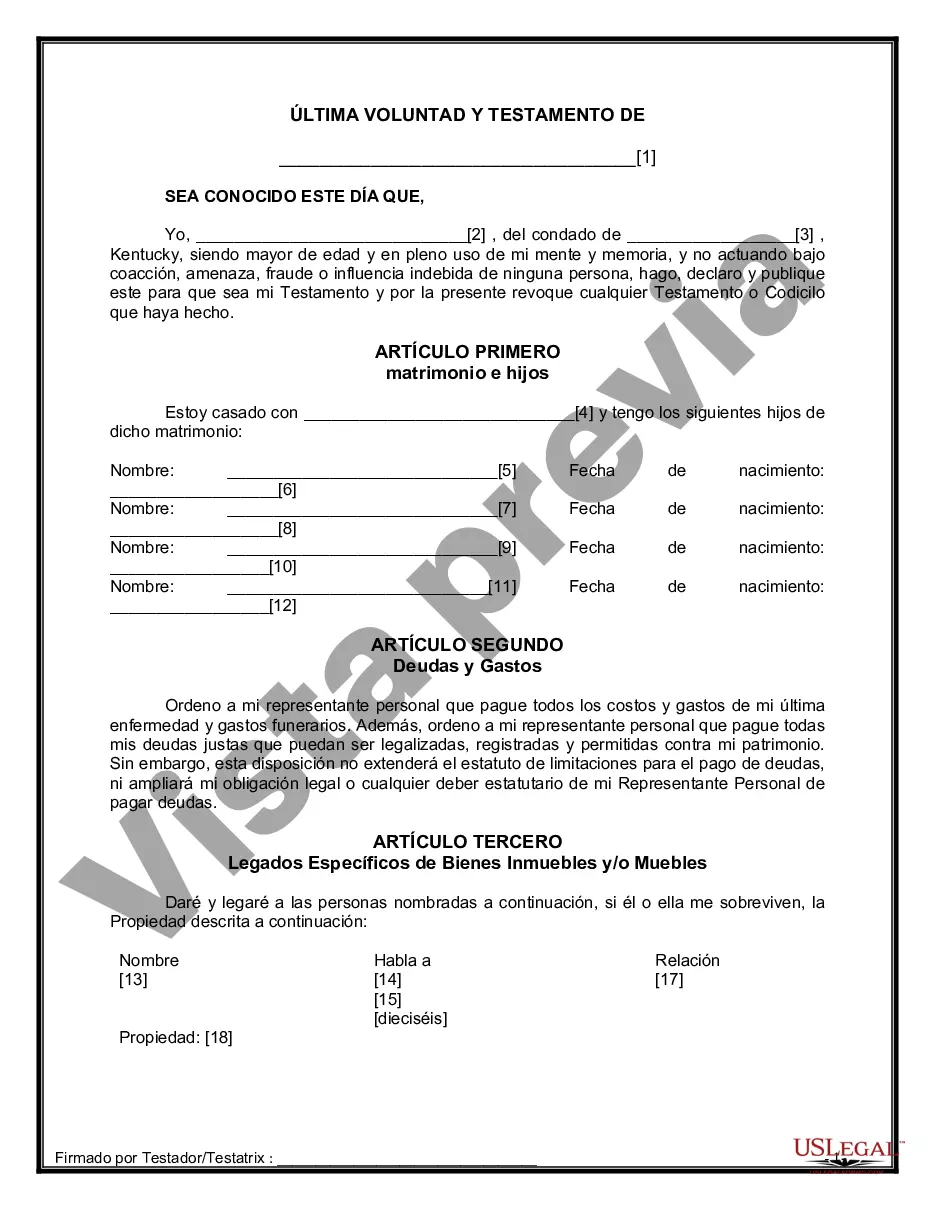 Preview Formulario de última voluntad y testamento legal para persona casada con hijos menores