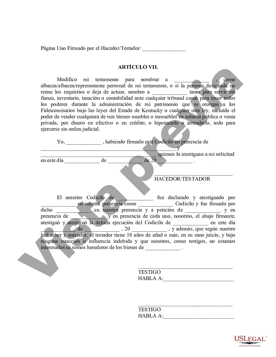 Preview Codicilo al formulario de testamento para enmendar su testamento - Cambios o enmiendas de testamento