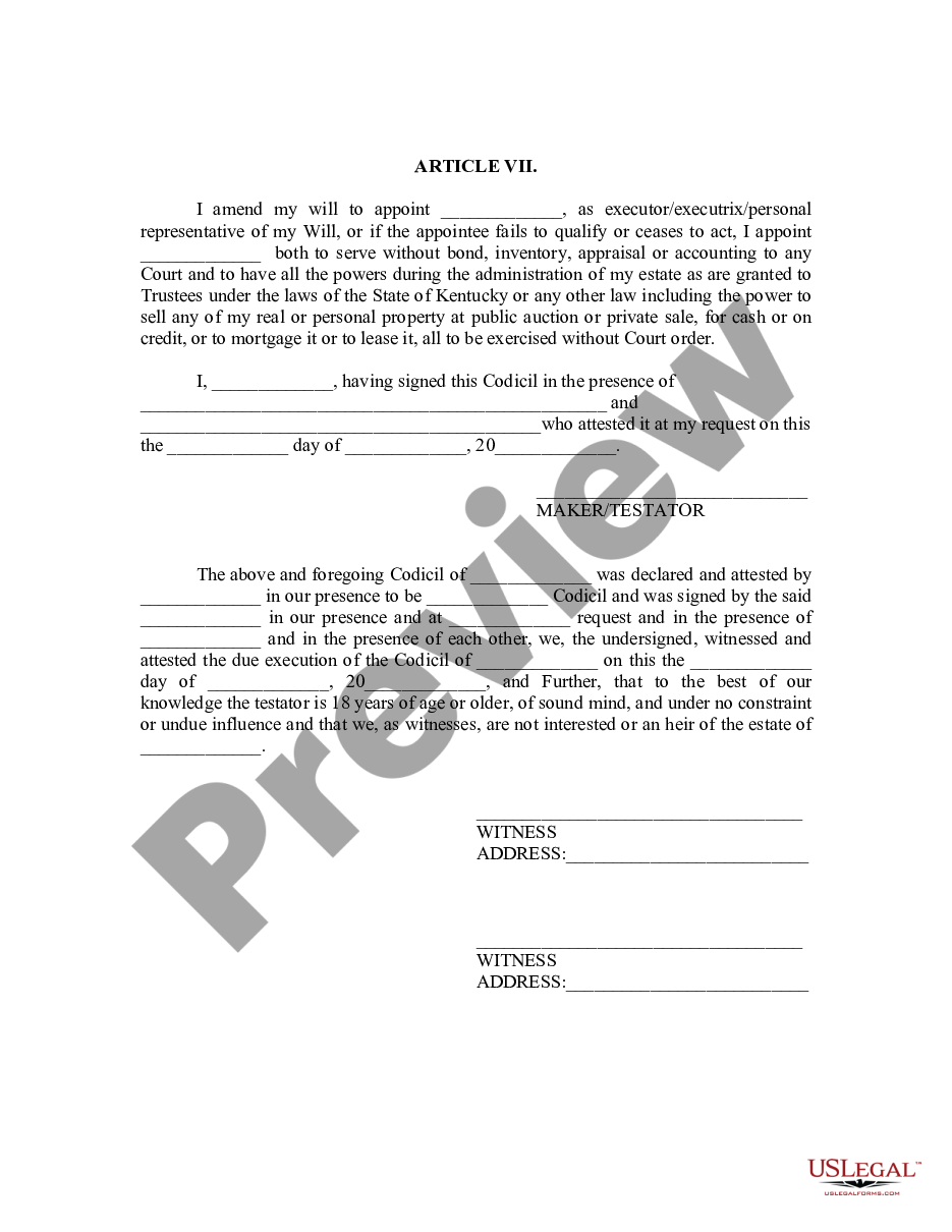 page 1 Codicil to Will Form for Amending Your Will - Will Changes or Amendments preview