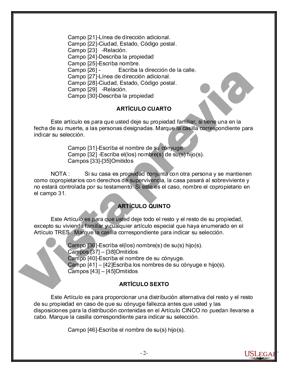 Preview Formulario Legal de Última Voluntad y Testamento para Persona Casada con Hijos Adultos y Menores de Matrimonio Anterior
