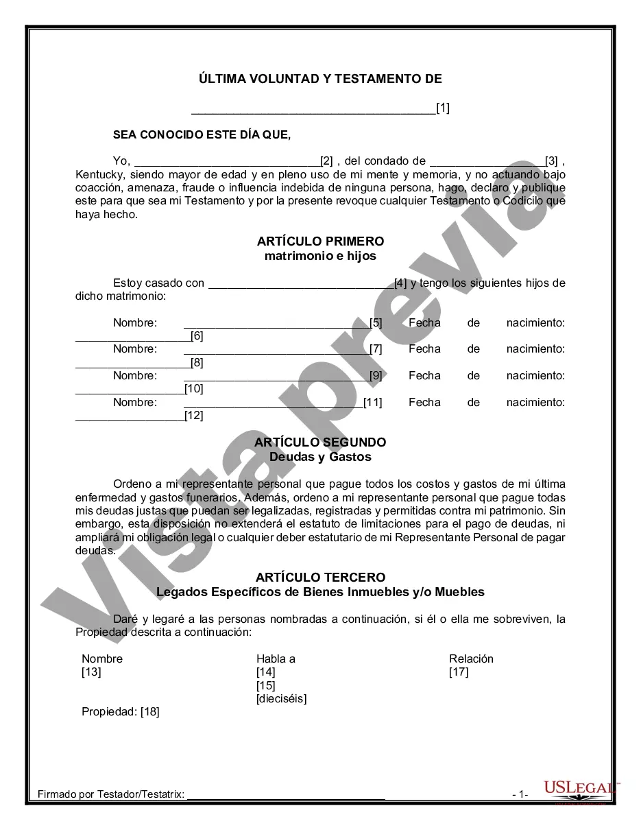 Preview Formulario Legal de Última Voluntad y Testamento para Persona Casada con Hijos Adultos y Menores