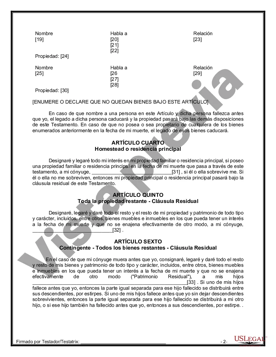 Preview Formulario Legal de Última Voluntad y Testamento para Persona Casada con Hijos Adultos y Menores
