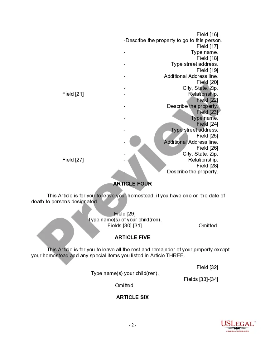 Preview Last Will and Testament for a Widow or Widower with Adult Children