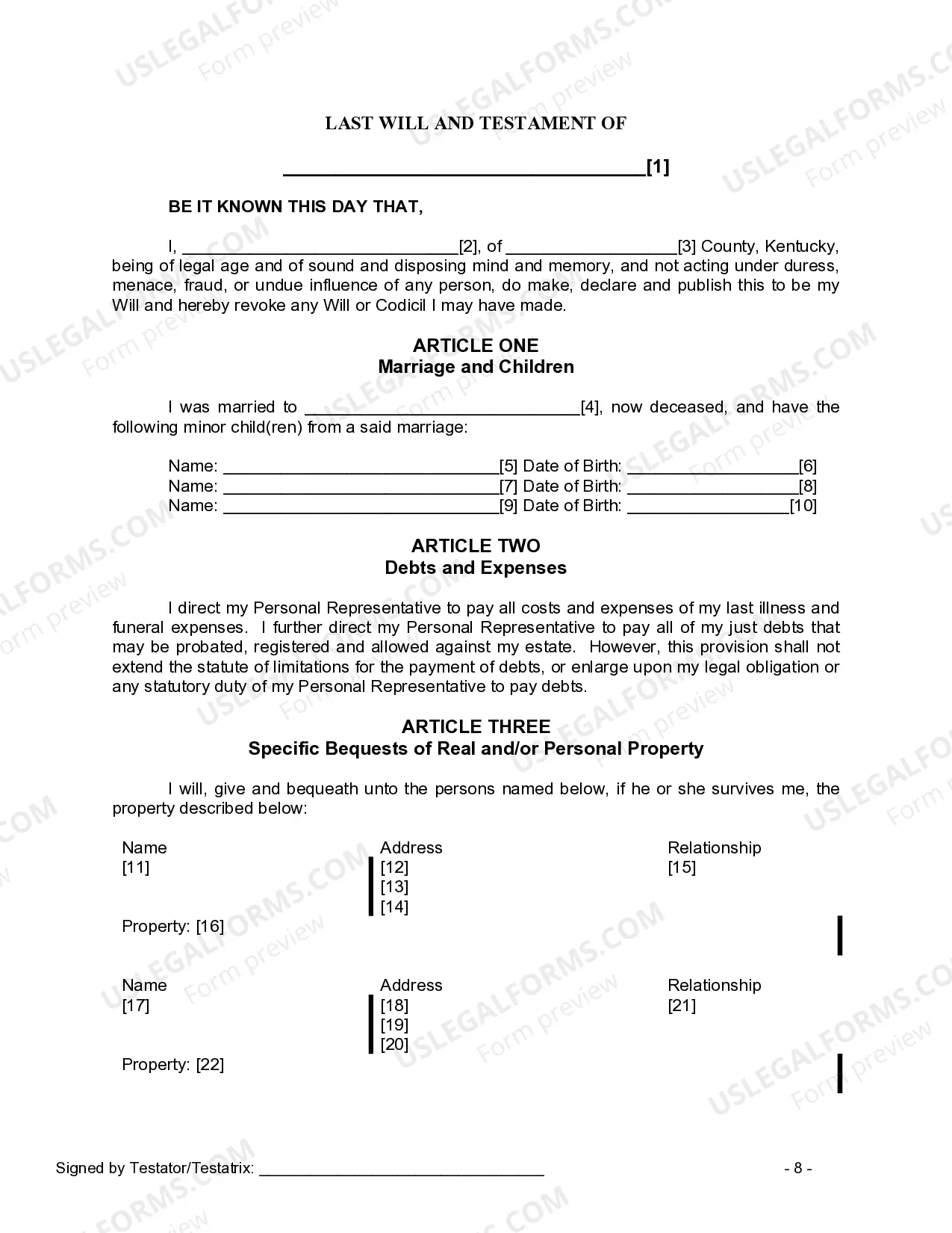Preview Last Will and Testament for Widow or Widower with Minor Children