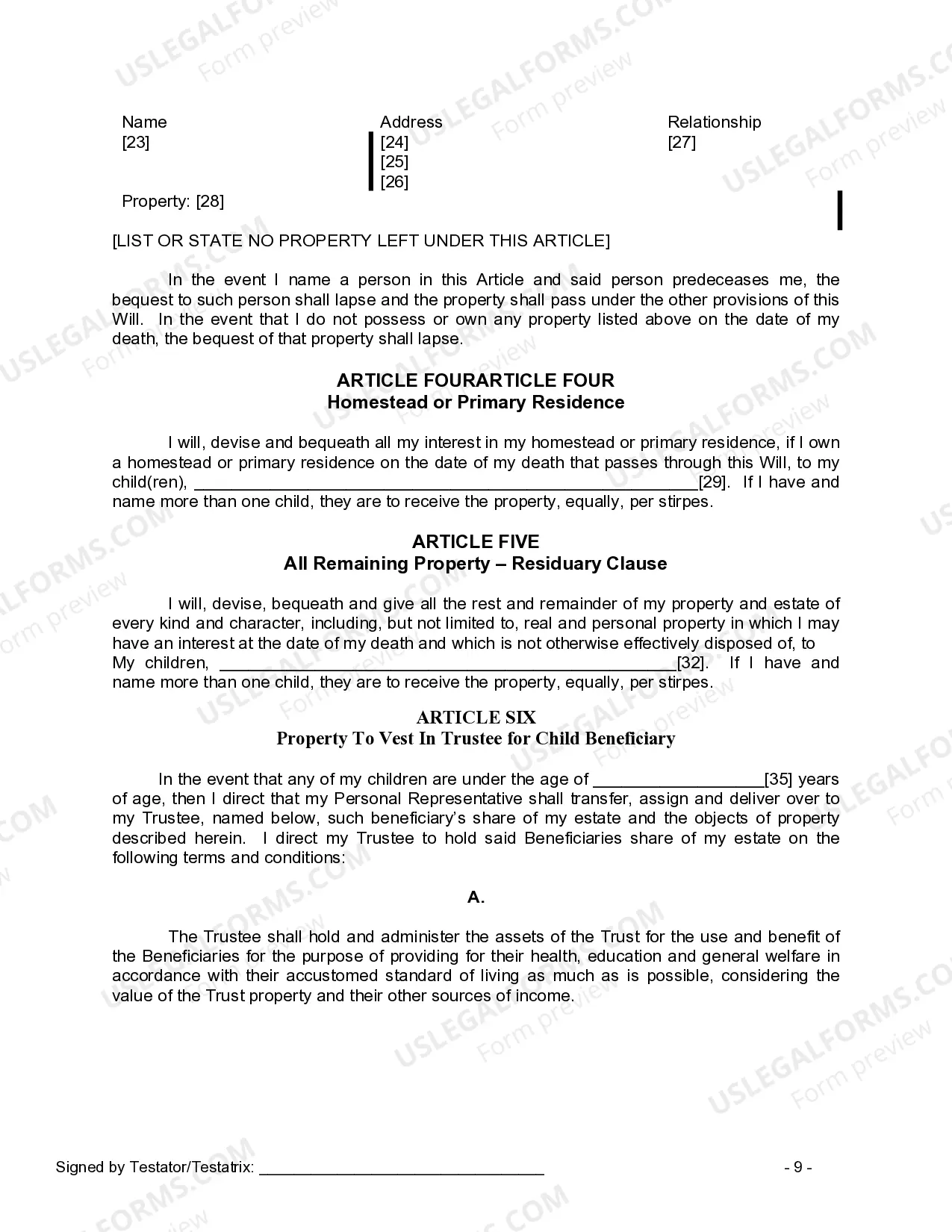 Preview Last Will and Testament for Widow or Widower with Minor Children