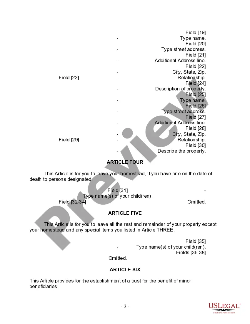 Preview Last Will and Testament for a Widow or Widower with Adult and Minor Children
