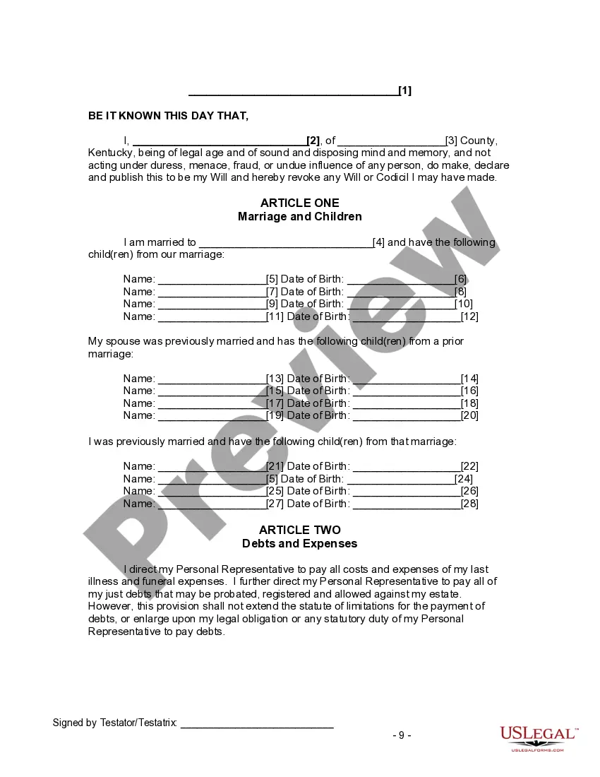 Preview Last Will and Testament for Divorced and Remarried Person with Mine, Yours and Ours Children