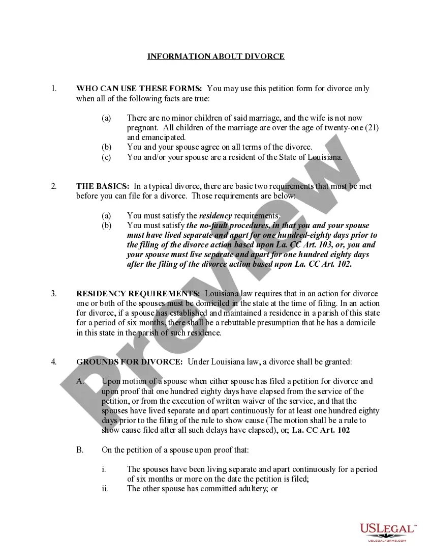 Preview Louisiana No-Fault Uncontested Agreed Divorce Package for Dissolution of Marriage with Adult Children and with or without Property and Debts