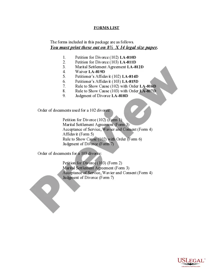 Preview Louisiana No-Fault Uncontested Agreed Divorce Package for Dissolution of Marriage with Adult Children and with or without Property and Debts