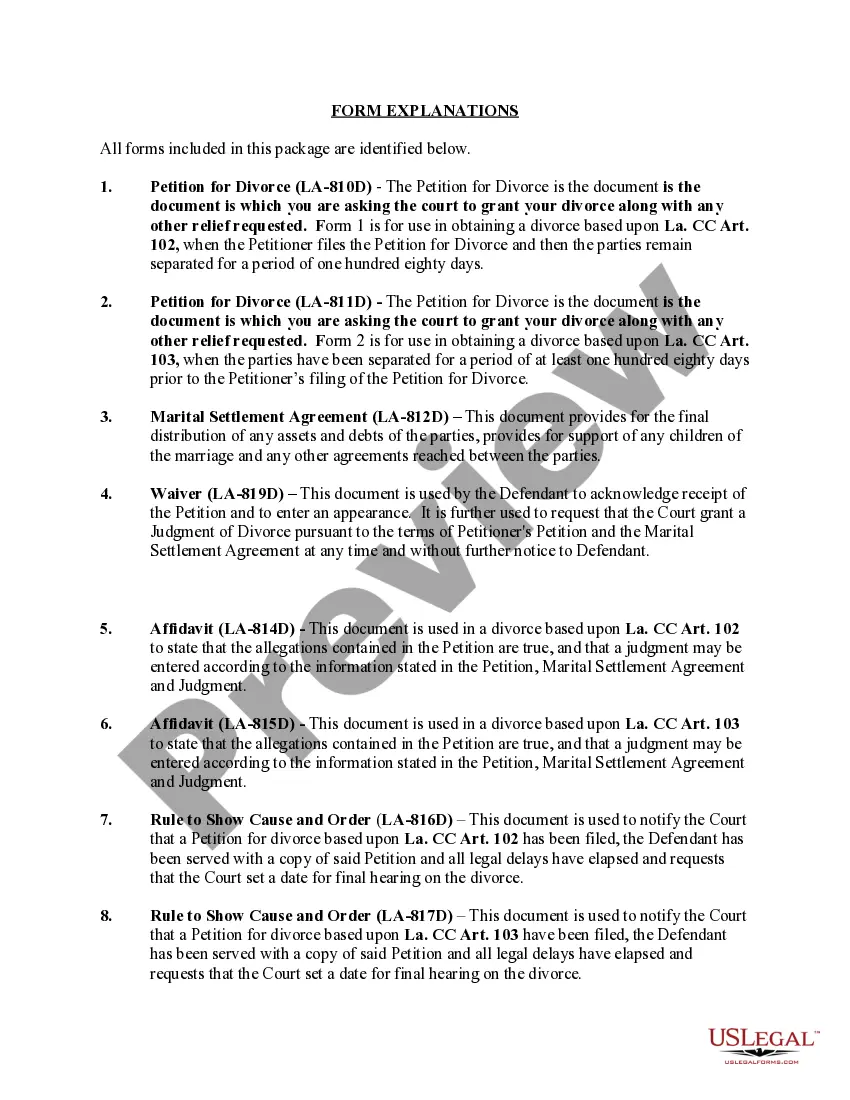 Preview Louisiana No-Fault Uncontested Agreed Divorce Package for Dissolution of Marriage with Adult Children and with or without Property and Debts