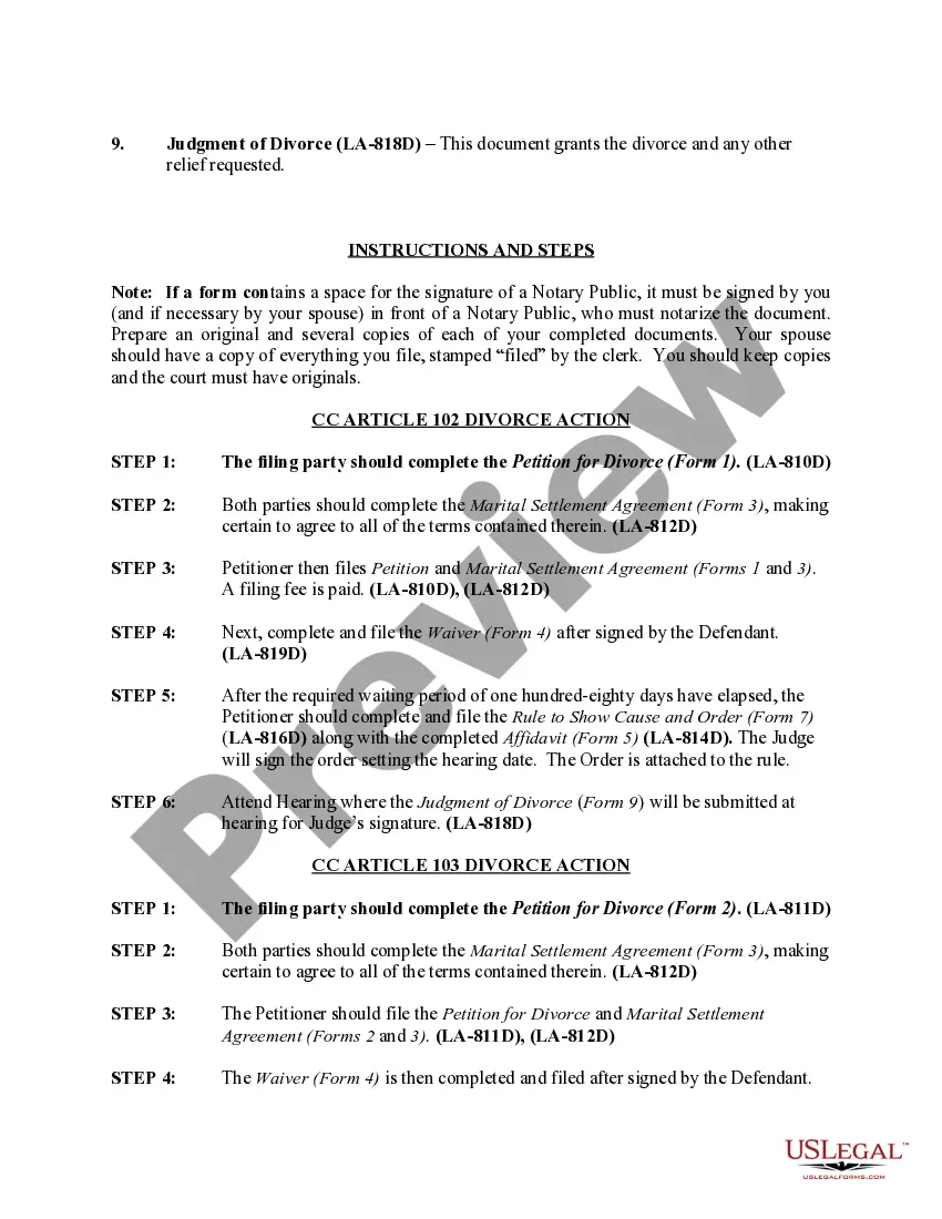 Preview Louisiana No-Fault Uncontested Agreed Divorce Package for Dissolution of Marriage with Adult Children and with or without Property and Debts