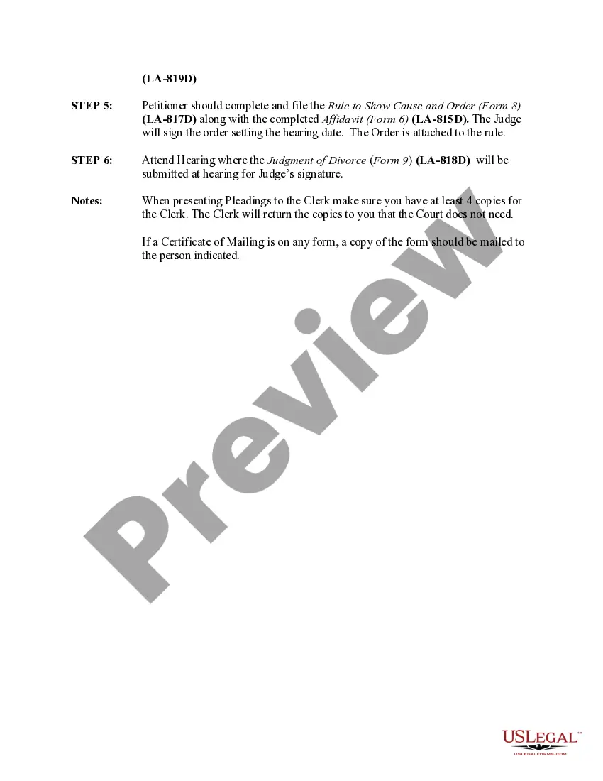Preview Louisiana No-Fault Uncontested Agreed Divorce Package for Dissolution of Marriage with Adult Children and with or without Property and Debts