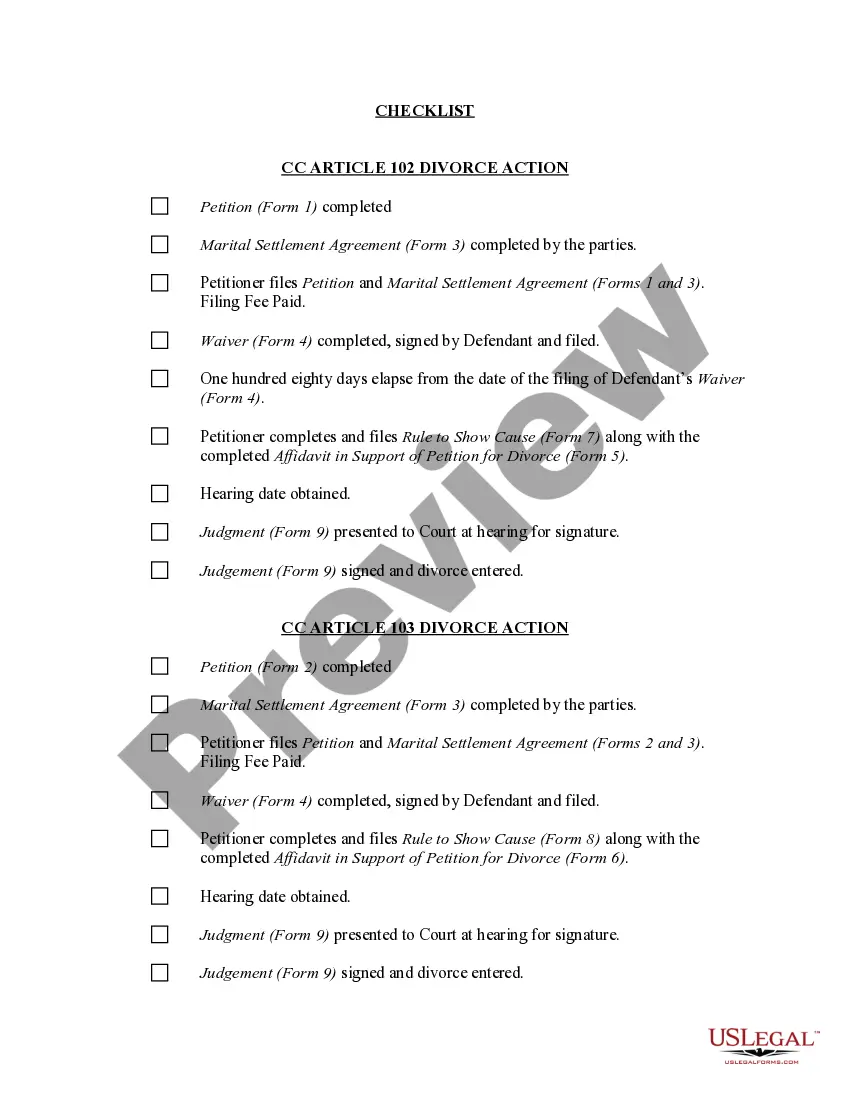 Preview Louisiana No-Fault Uncontested Agreed Divorce Package for Dissolution of Marriage with Adult Children and with or without Property and Debts