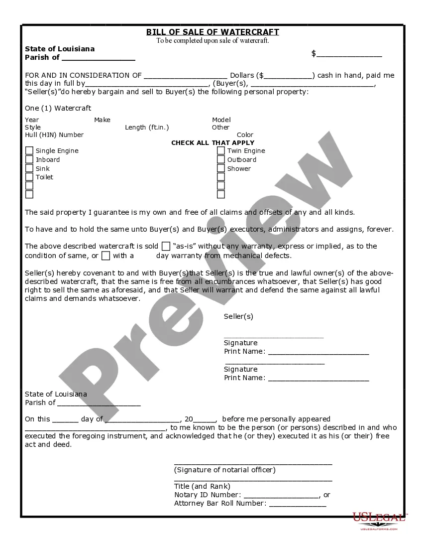 Preview Bill of Sale for WaterCraft or Boat