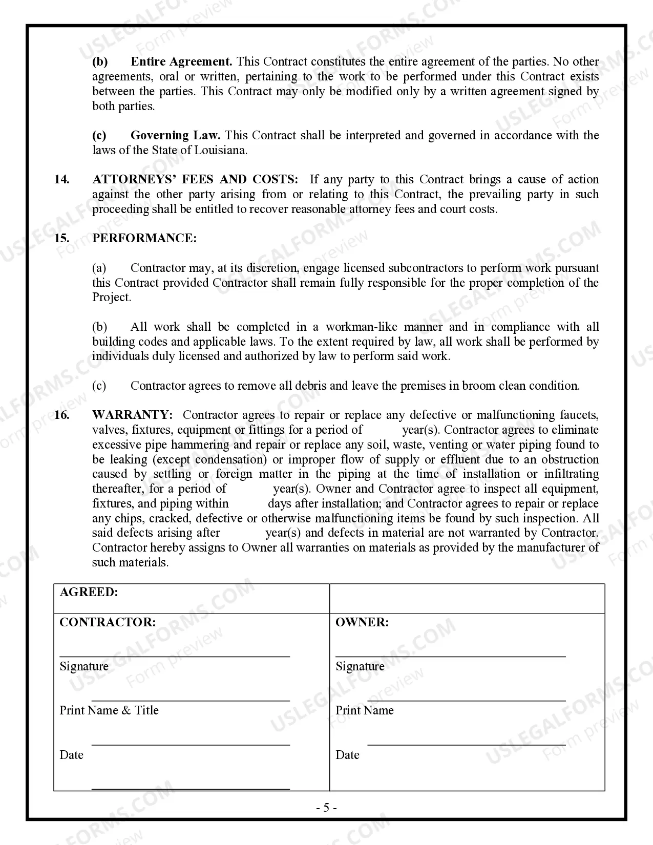 Preview Plumbing Contract for Contractor