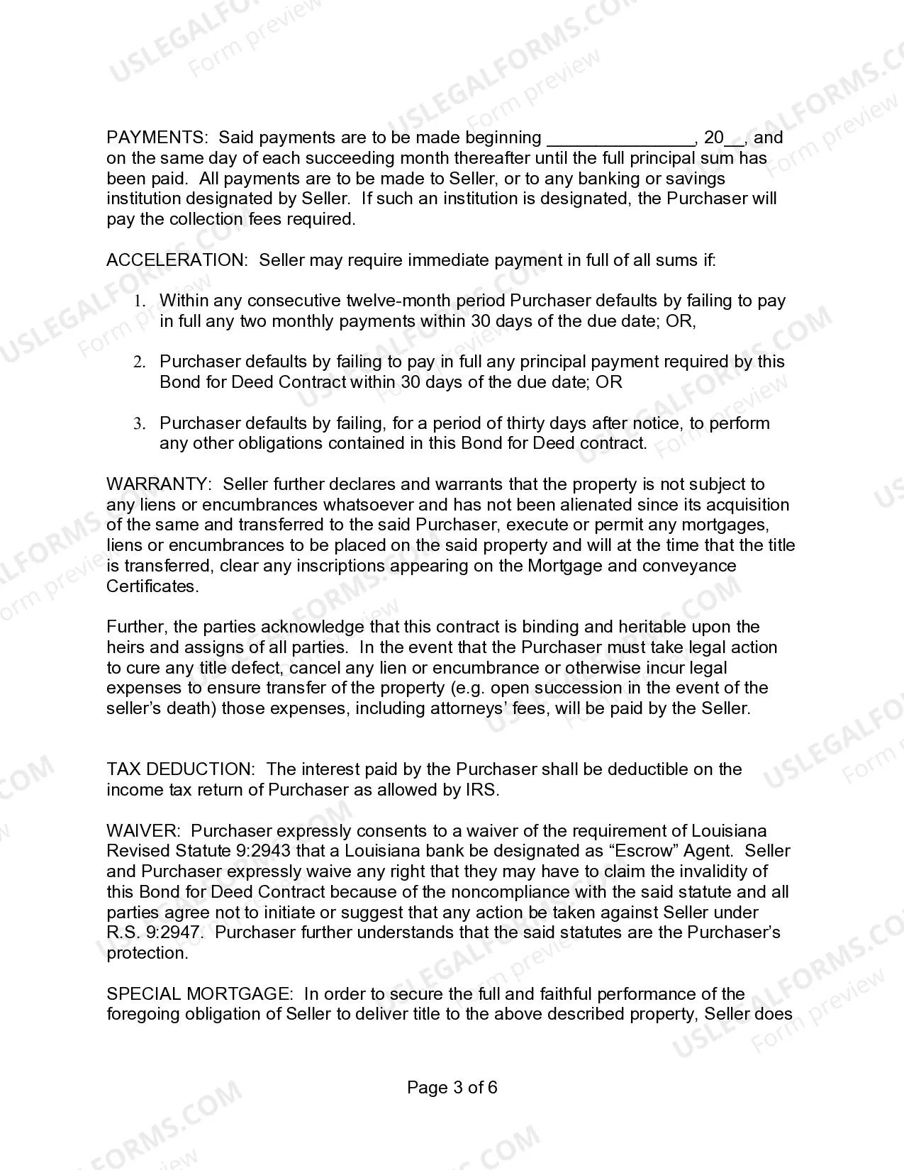 Preview Bond for Deed - Contract for Deed