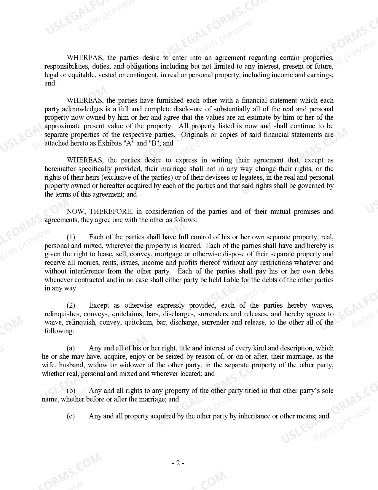 Preview Louisiana Prenuptial Premarital Agreement without Financial Statements