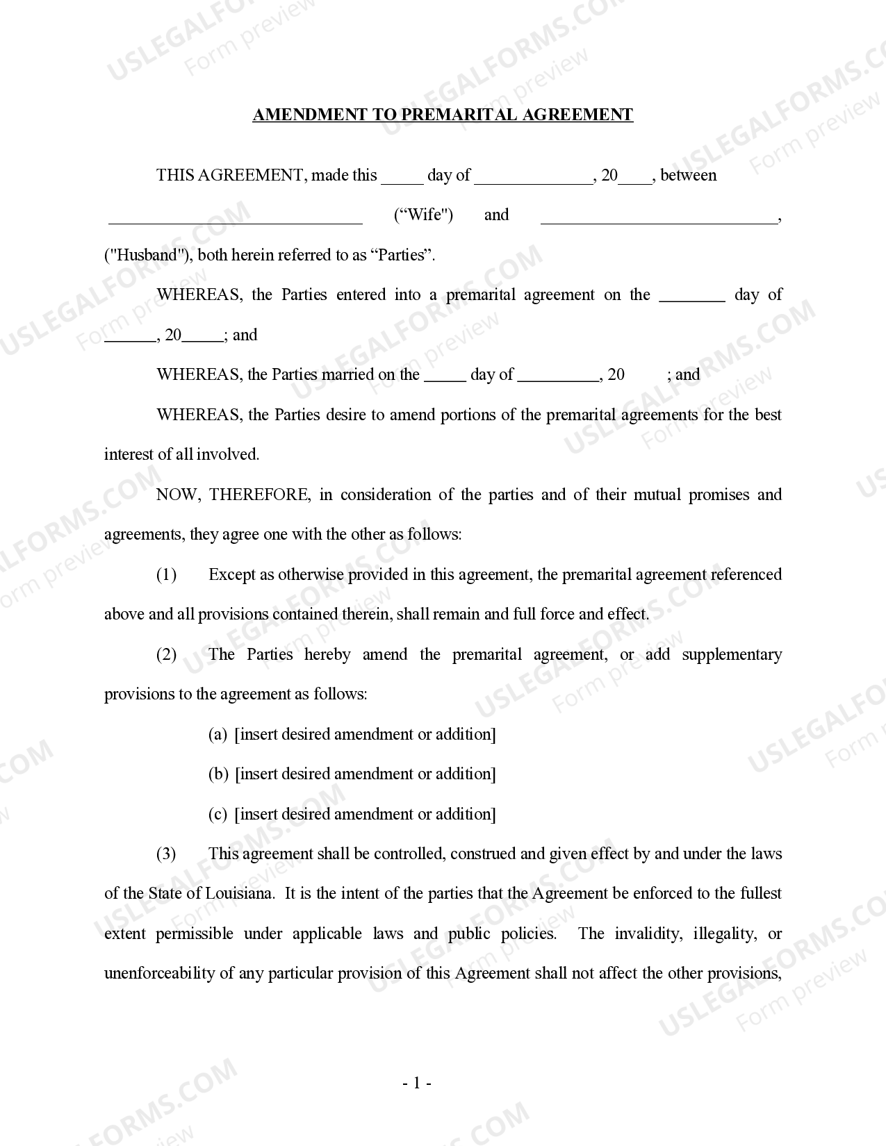 Louisiana Amendment to Prenuptial or Premarital Agreement Louisiana