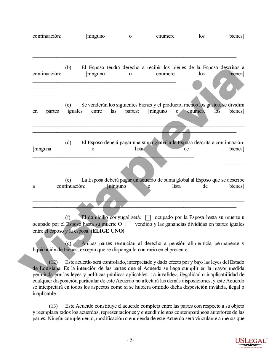 Preview Acuerdo prematrimonial prenupcial de Luisiana con estados financieros