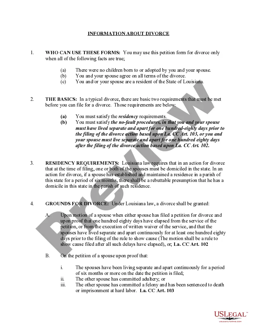 Get Louisiana No-Fault Agreed Uncontested Divorce Package for Dissolution of Marriage for Persons with No Children with or without Property and Debts Preview Louisiana No-Fault Agreed Uncontested Divorce Package for Dissolution of Marriage for Persons with No Children with or without Property and Debts