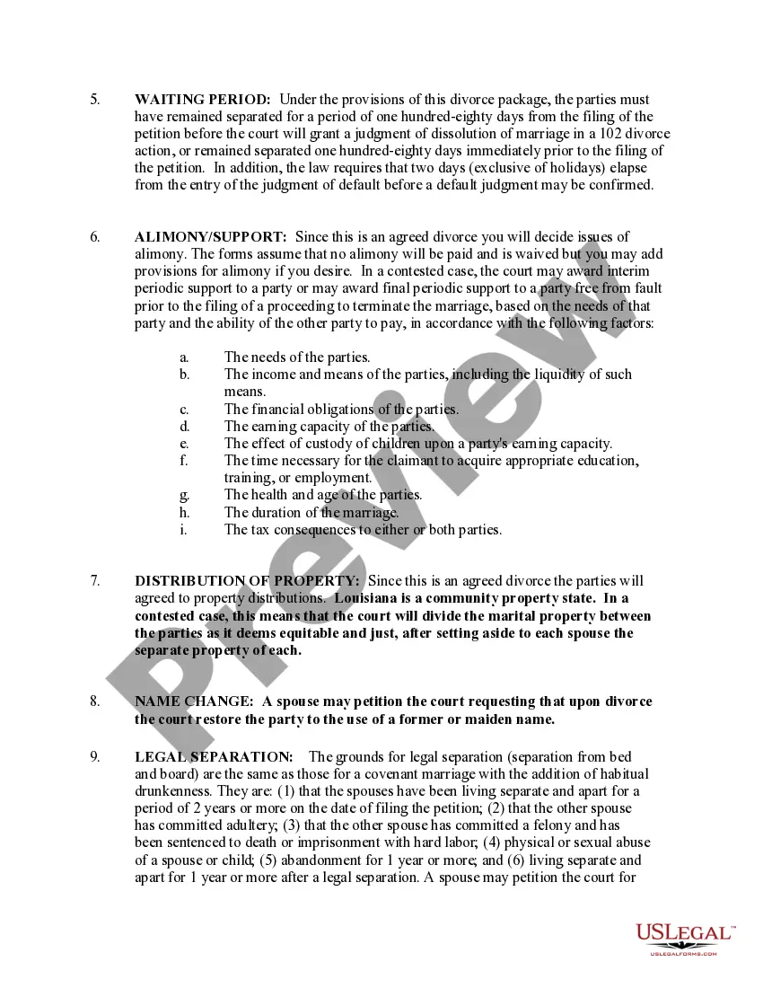 Get Louisiana No-Fault Agreed Uncontested Divorce Package for Dissolution of Marriage for Persons with No Children with or without Property and Debts Preview Louisiana No-Fault Agreed Uncontested Divorce Package for Dissolution of Marriage for Persons with No Children with or without Property and Debts