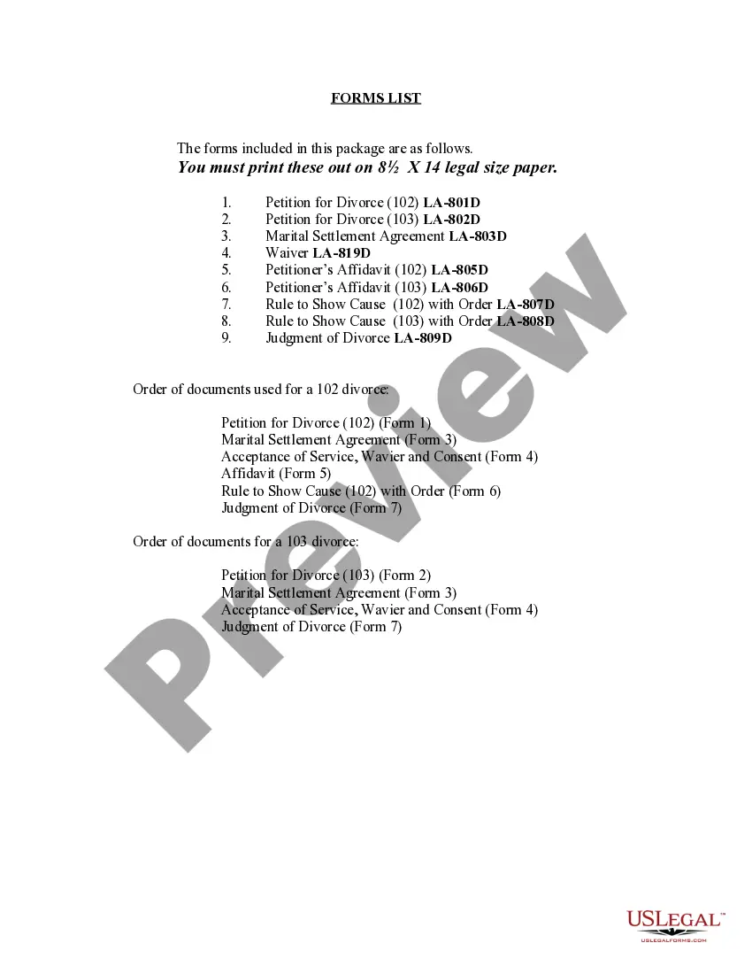 Get Louisiana No-Fault Agreed Uncontested Divorce Package for Dissolution of Marriage for Persons with No Children with or without Property and Debts Preview Louisiana No-Fault Agreed Uncontested Divorce Package for Dissolution of Marriage for Persons with No Children with or without Property and Debts