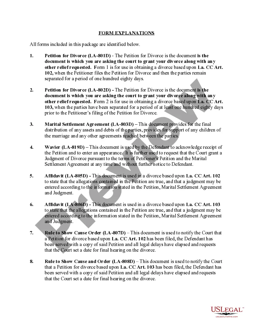 Get Louisiana No-Fault Agreed Uncontested Divorce Package for Dissolution of Marriage for Persons with No Children with or without Property and Debts Preview Louisiana No-Fault Agreed Uncontested Divorce Package for Dissolution of Marriage for Persons with No Children with or without Property and Debts