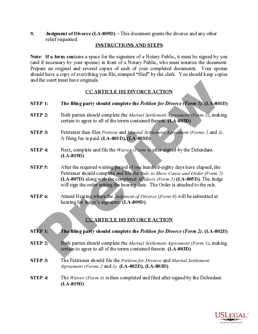 Get Louisiana No-Fault Agreed Uncontested Divorce Package for Dissolution of Marriage for Persons with No Children with or without Property and Debts Preview Louisiana No-Fault Agreed Uncontested Divorce Package for Dissolution of Marriage for Persons with No Children with or without Property and Debts