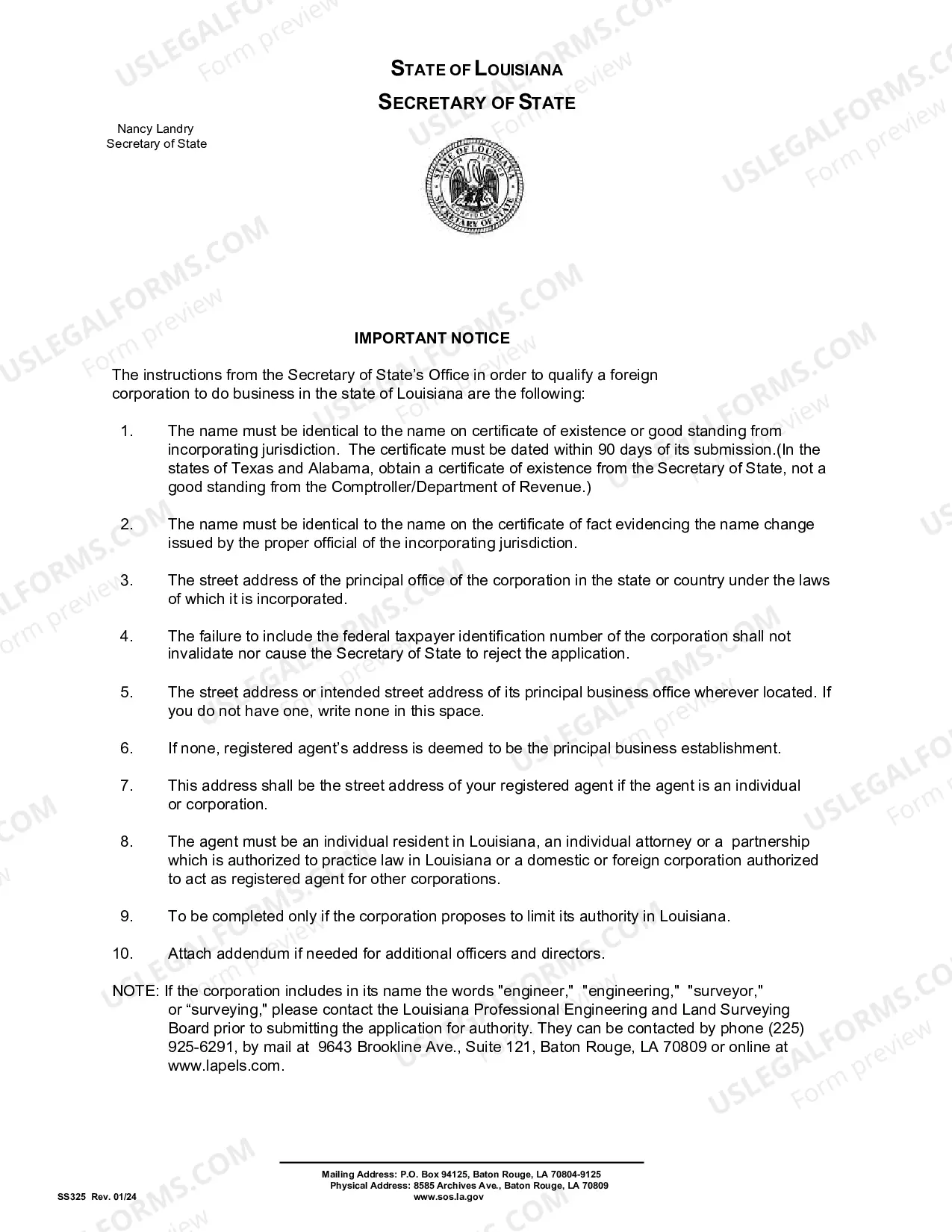 Preview Louisiana Registration of Foreign Corporation