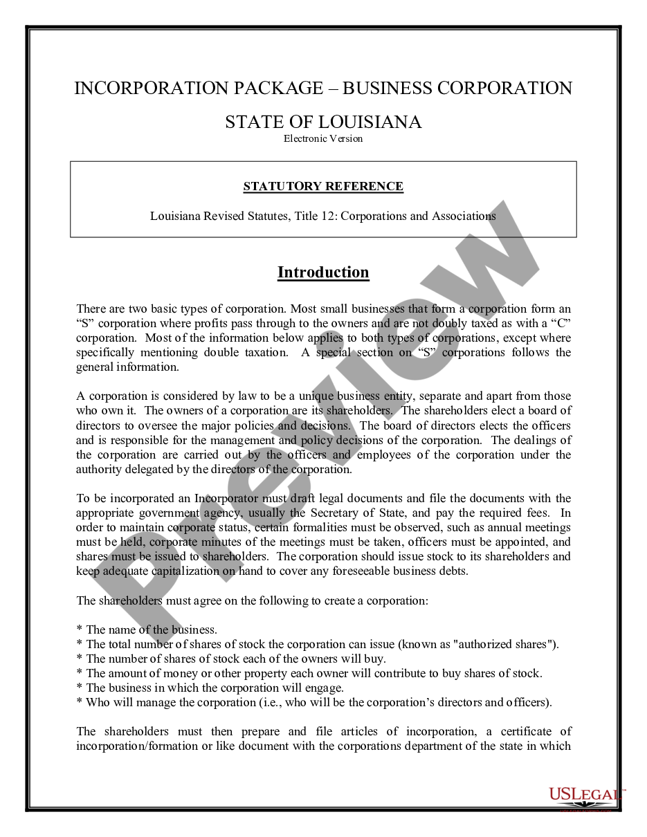 page 1 Louisiana Business Incorporation Package to Incorporate Corporation preview