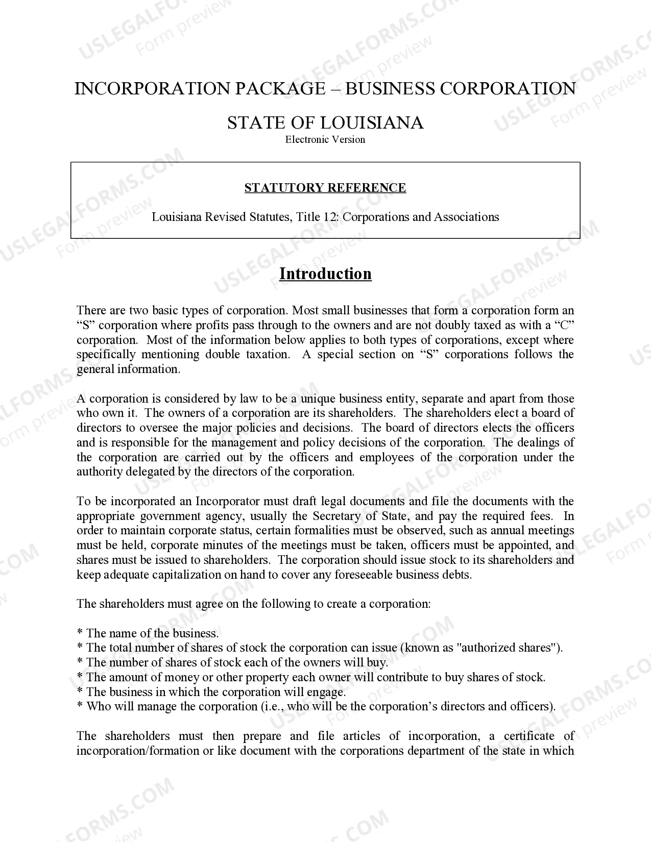 Preview Louisiana Business Incorporation Package to Incorporate Corporation
