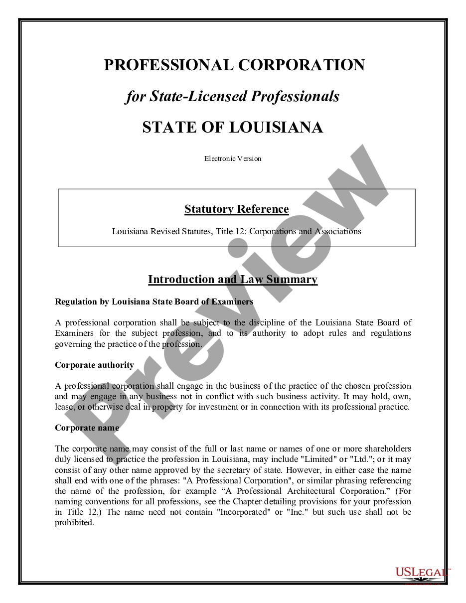 page 1 Professional Corporation Package for Louisiana preview