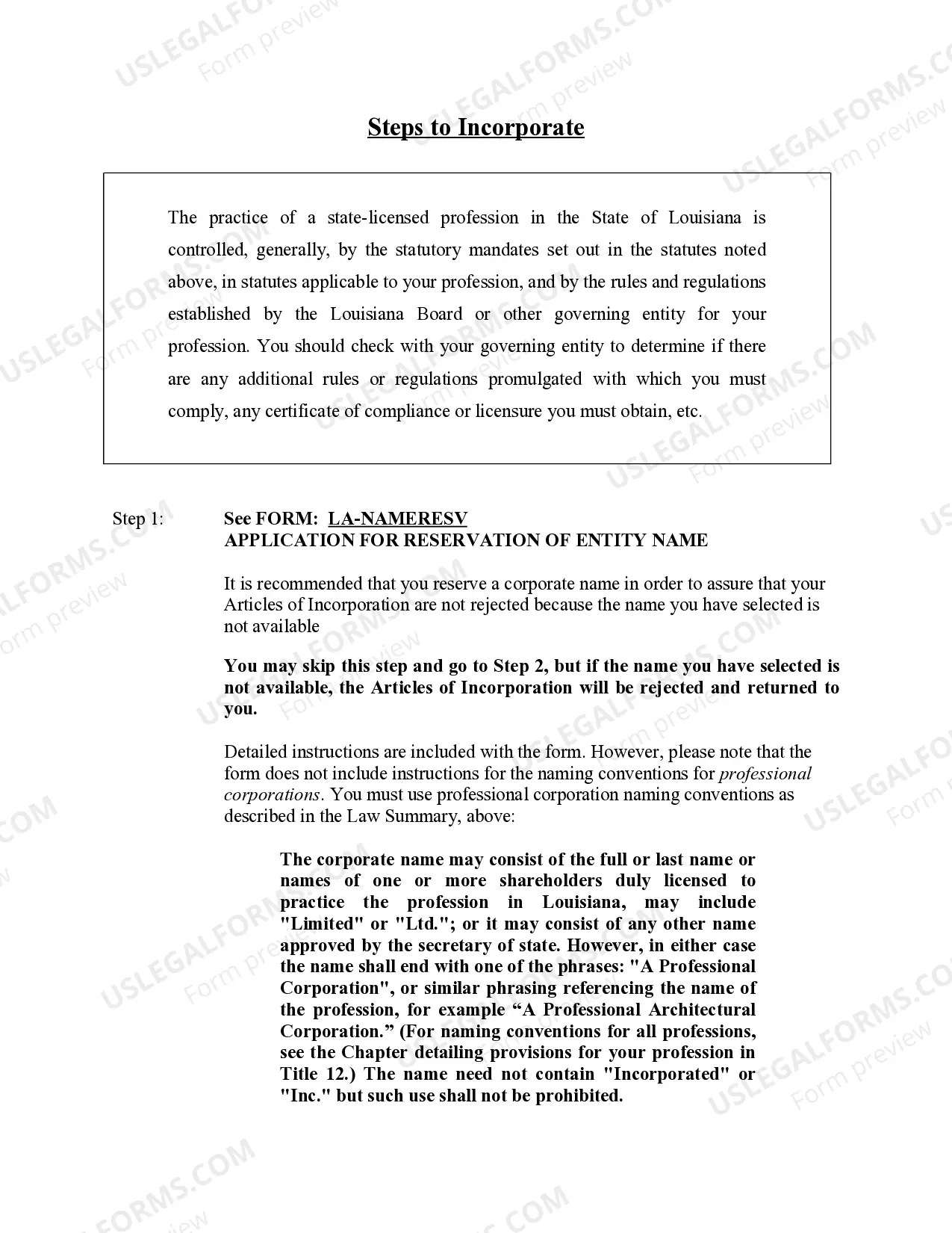 Preview Professional Corporation Package for Louisiana