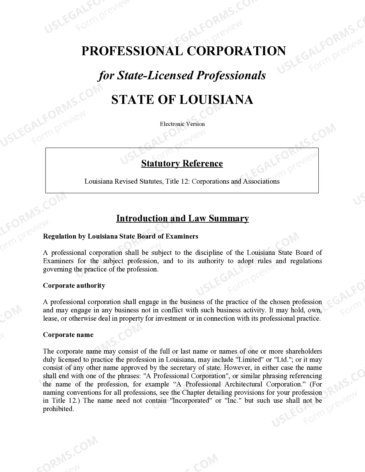 Preview Professional Corporation Package for Louisiana