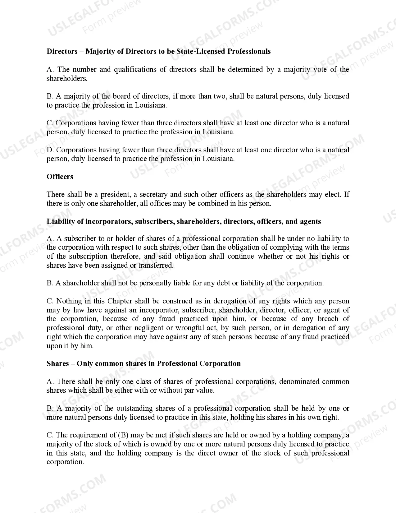 Preview Professional Corporation Package for Louisiana