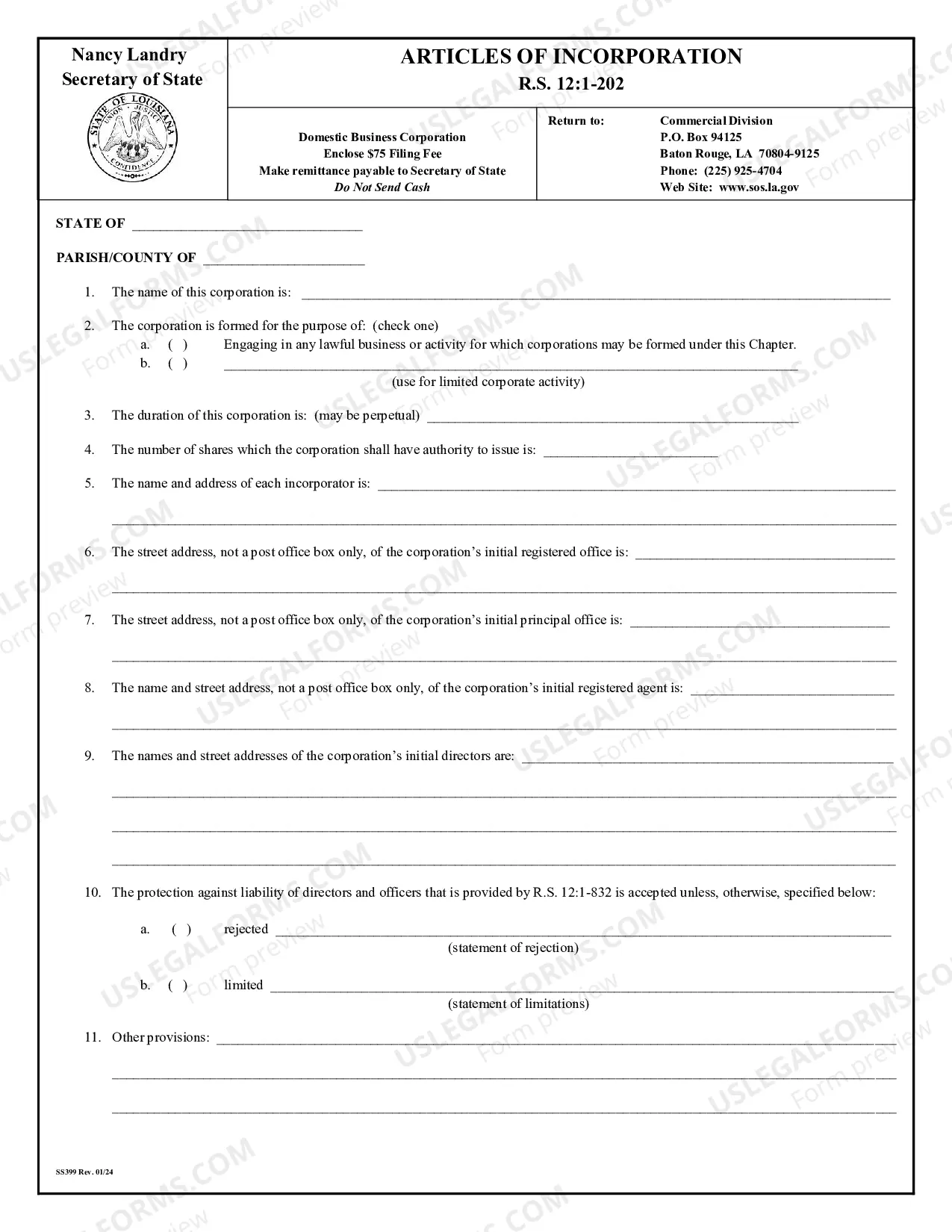 Preview Louisiana Articles of Incorporation for Domestic For-Profit Corporation