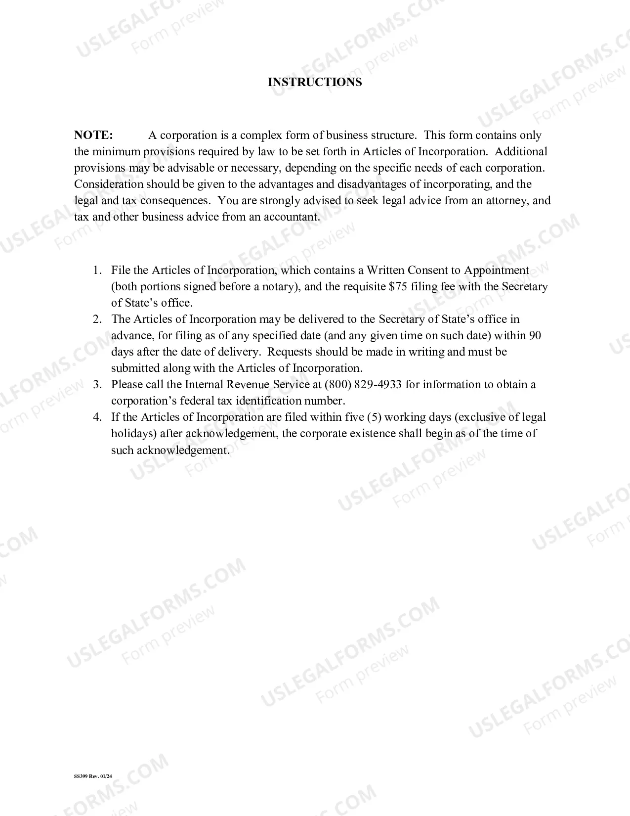 Preview Louisiana Articles of Incorporation for Domestic For-Profit Corporation