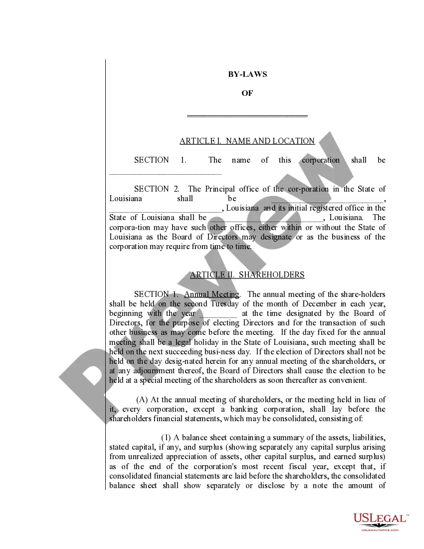 Preview Louisiana Bylaws for Corporation